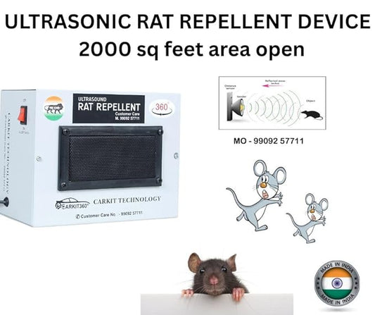 Ultrasonic Rat Repellent for Home Office Warehouse Factory | 2000 Sq Ft Coverage | 360° Rodent Repeller Machine | Electronic Chemical Free Rat Control | Indian Made Device