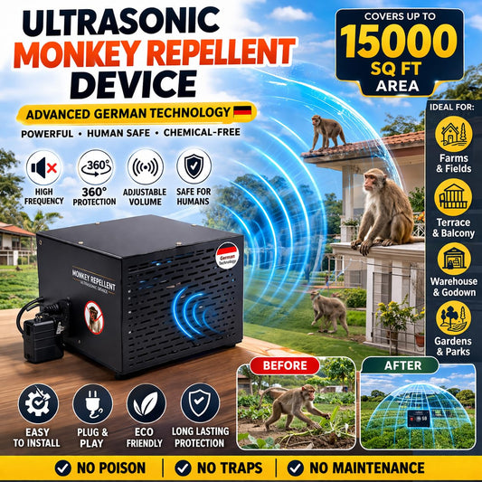 Ultrasound Monkey Repellent for Outdoors | 360° Coverage | Covers 15000Sqft | Loud Sound Device for Garden Factory Warehouse | Plug-in Eco-Friendly Deterrent